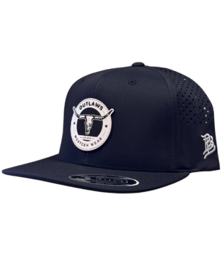 Outlaws Black Flat Bill Performance Cap – Leather Circle White Patch Exclusive OBBLEA-14