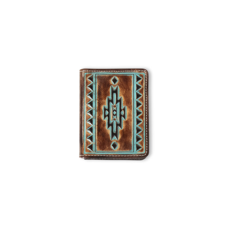 Ariat Bifold Flip Style Wallet Turquoise Outline Southwestern Brown A3560102