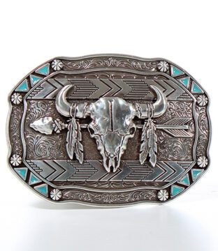 Nocona Rectangle Arrow Skull Feather Belt Buckle