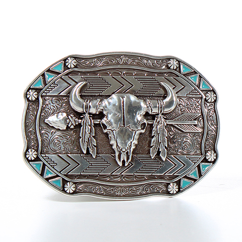 Nocona Rectangle Arrow Skull Feather Belt Buckle