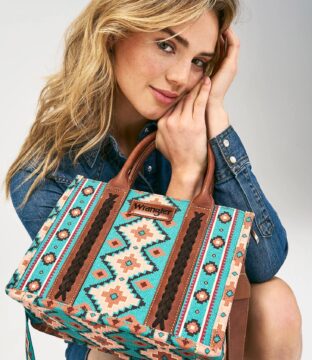 WRANGLER SOUTHWESTERN PRINT CROSS BODY CANVAS MINI TOTE IN TURQUOISE