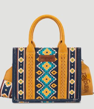 WRANGLER SOUTHWESTERN PRINT CROSS BODY CANVAS MINI TOTE IN MUSTARD