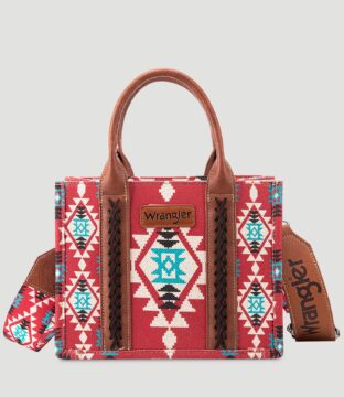 WRANGLER SOUTHWESTERN PRINT CROSS BODY CANVAS MINI TOTE IN BURGUNDY