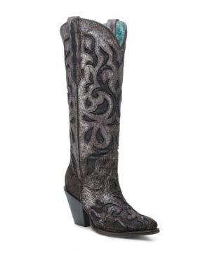 Women’s Corral Brown Black Embroidery & Glitter Crystal Inlay Tall Cowboy Boots Z5353