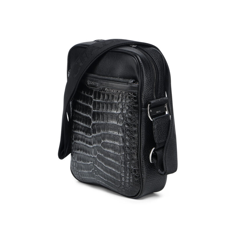 Cuadra Men Silver & Black Caiman Zipper & Studs Bag DU731