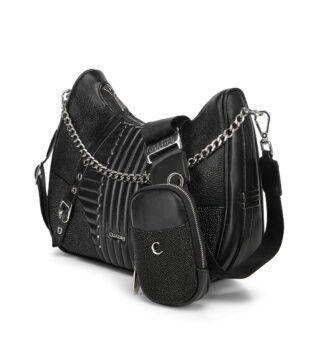 Cuadra Black Stingray Embroidery & Studs Zipper Purse Bag DU735
